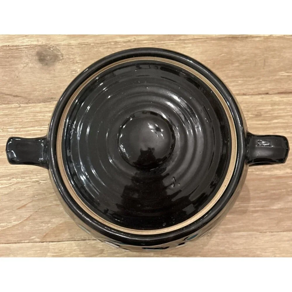 Black Pottery Bean Pot Lidded Jar Hand Painted Fruit Double Handled Ringed Lid